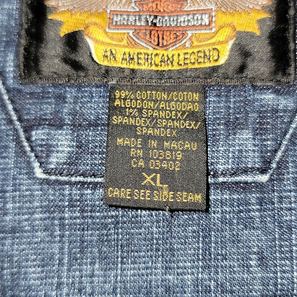 Harley-Davidson HD Denim Jacket Frayed Raw Edges Logo Moto Hippie Y2K Rare XL - Picture 3 of 13